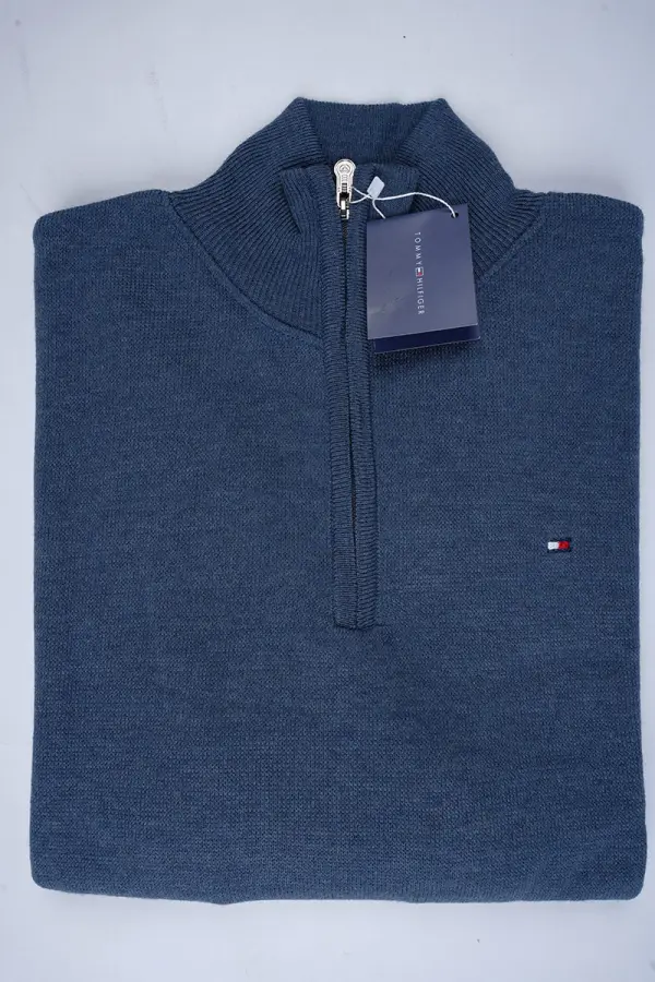 tricot Tommy Demi zip 100 % coton ( Bleu )