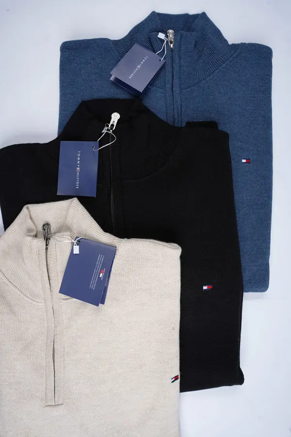 Pack de 3 tricots Tommy Demi zip 100 % coton ( Bleu marine + Noir + Beige )